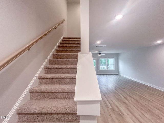 207 Pond View Ct Unit 3, Fuquay Varina, NC 27526 - staircase with baseboards, recessed lighting, wood finished floors, and a ceiling fan