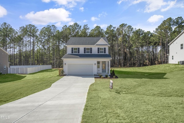 view of front facade with cooling unit, a front yard, and a garage