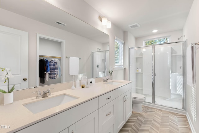 bathroom featuring vanity, an enclosed shower, and toilet