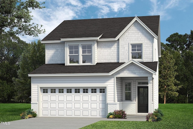 craftsman house featuring a garage and a front lawn