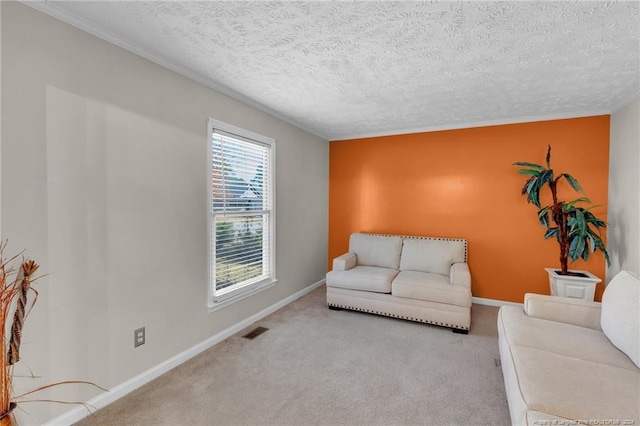 living room with light colored carpet and a textured ceiling