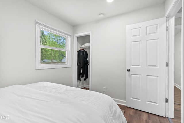 bedroom featuring dark hardwood / wood-style flooring and a closet