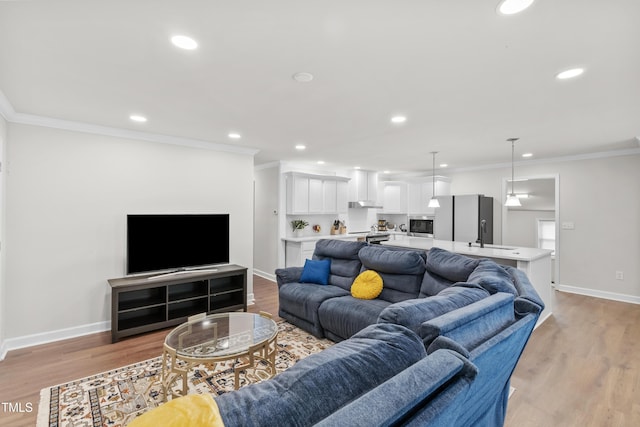 living room with light hardwood / wood-style floors, ornamental molding, and sink