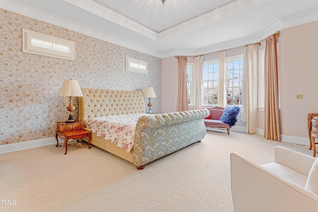 carpeted bedroom featuring ornamental molding