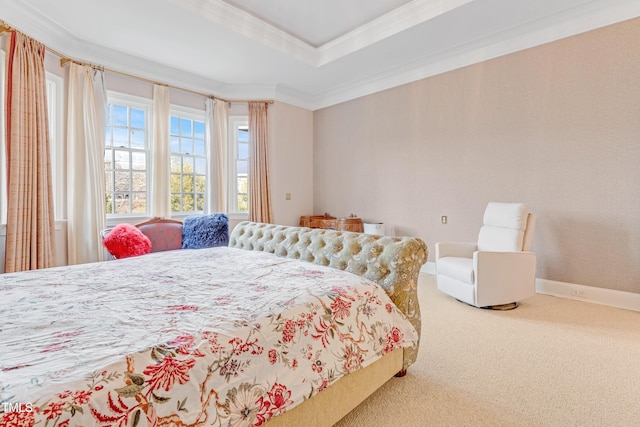 carpeted bedroom featuring ornamental molding