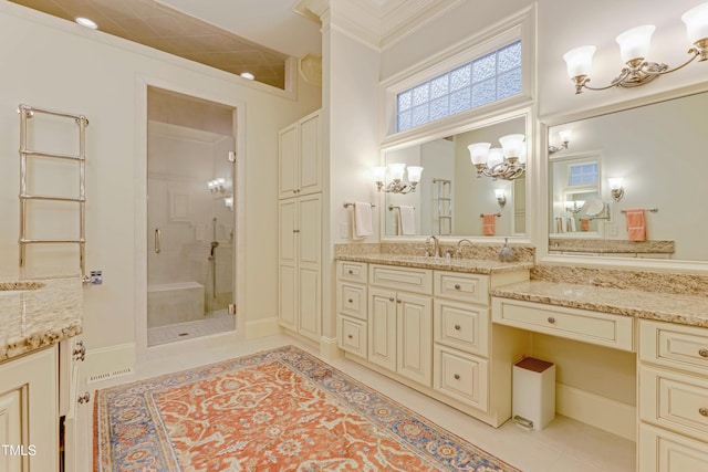 bathroom featuring vanity, tile patterned floors, a shower with shower door, and ornamental molding