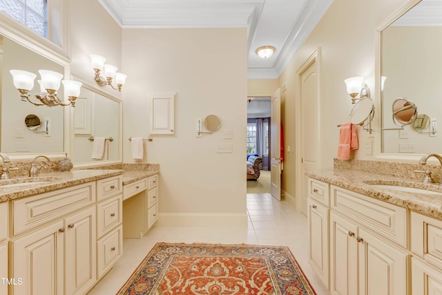 bathroom featuring tile patterned flooring, plenty of natural light, crown molding, and vanity