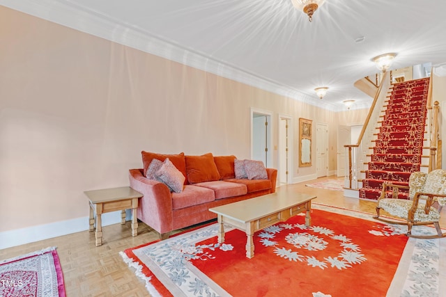 living room featuring parquet floors and ornamental molding