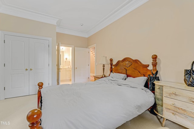 bedroom featuring light carpet, a closet, and ornamental molding