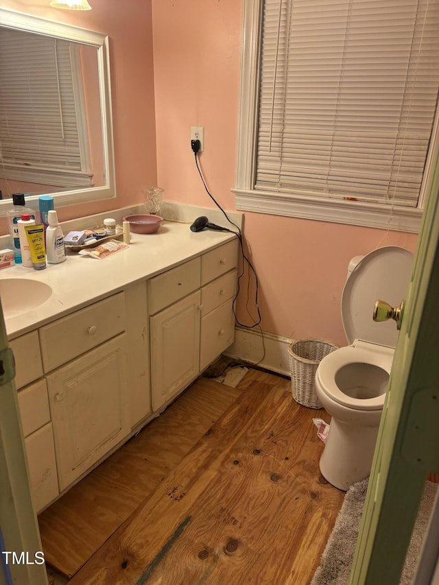 bathroom with hardwood / wood-style flooring, vanity, and toilet