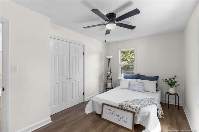 bedroom featuring a closet, ceiling fan, and dark hardwood / wood-style flooring