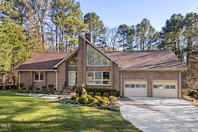 view of front of property with an attached garage, brick siding, driveway, crawl space, and a chimney