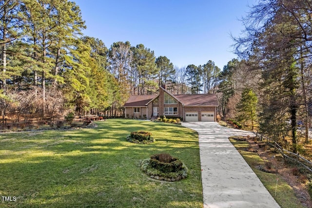 view of front facade with driveway, a front lawn, and an attached garage