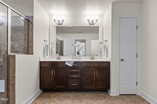 bathroom featuring vanity, tile patterned floors, walk in shower, and a notable chandelier