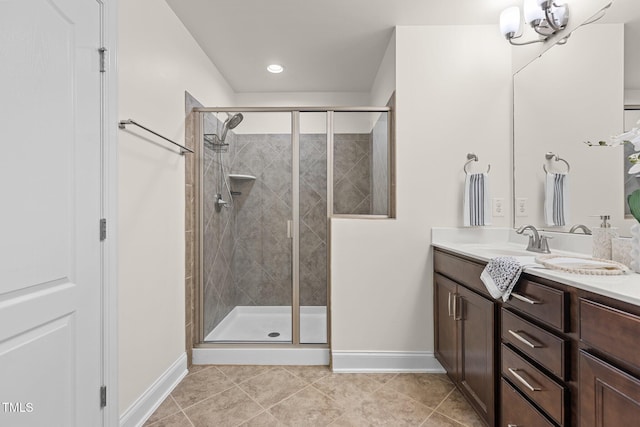 bathroom with tile patterned flooring, vanity, and an enclosed shower