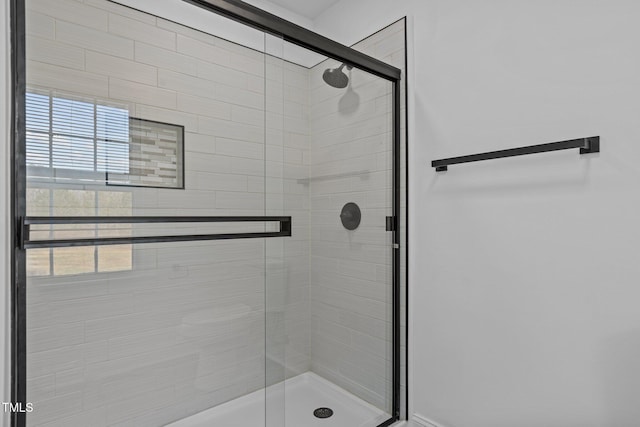 bathroom featuring a shower with shower door