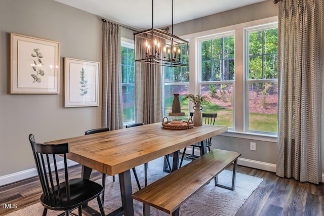 dining space with a notable chandelier, a healthy amount of sunlight, and dark wood-type flooring