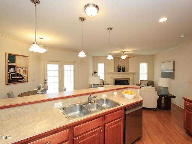 kitchen featuring dishwasher, light hardwood / wood-style flooring, ornamental molding, and sink