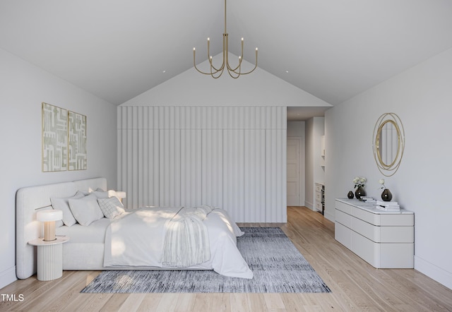 5001 Rampart St, Raleigh, NC 27609 - bedroom featuring light wood-type flooring, high vaulted ceiling, a chandelier, and baseboards