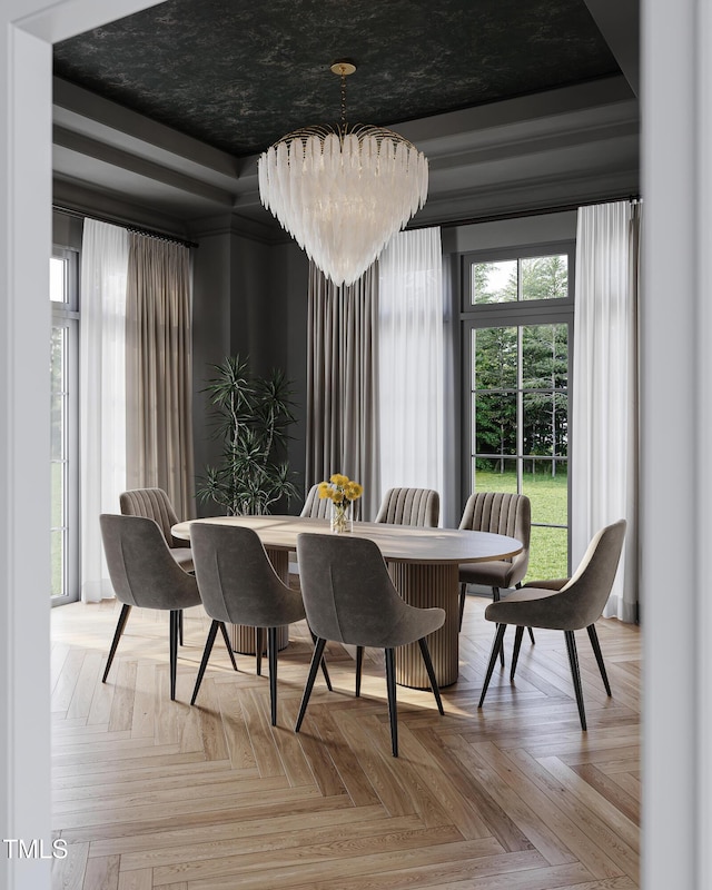 5001 Rampart St, Raleigh, NC 27609 - dining space featuring a chandelier