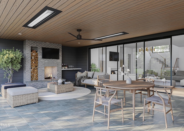 5001 Rampart St, Raleigh, NC 27609 - view of patio / terrace with an outdoor living space with a fireplace, a ceiling fan, and stairs