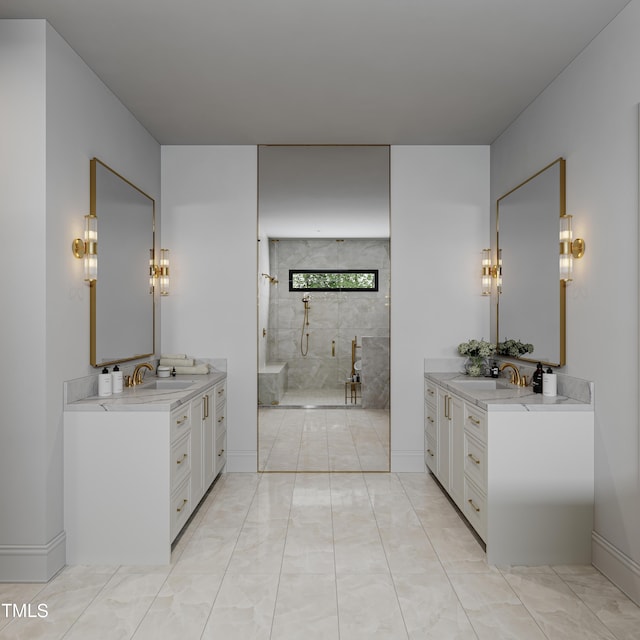 5001 Rampart St, Raleigh, NC 27609 - full bath with two vanities, walk in shower, and baseboards