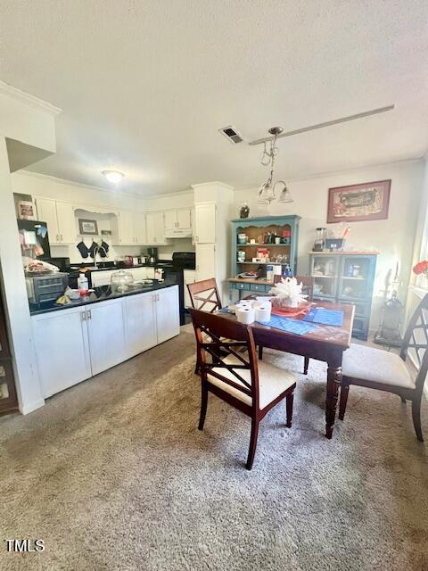 carpeted dining space with a textured ceiling