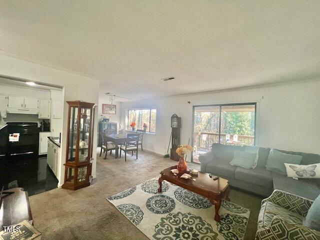 living room featuring light colored carpet