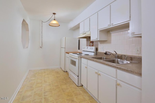 kitchen featuring sink, hanging light fixtures, backsplash, electric stove, and white cabinets