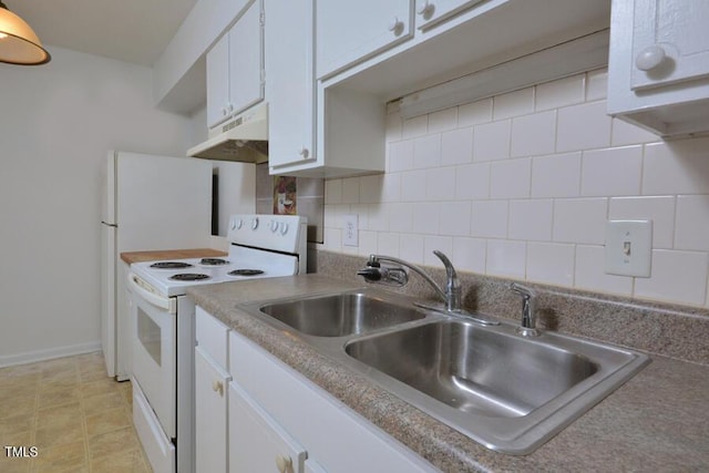 kitchen featuring white cabinets, decorative backsplash, white electric range, and sink