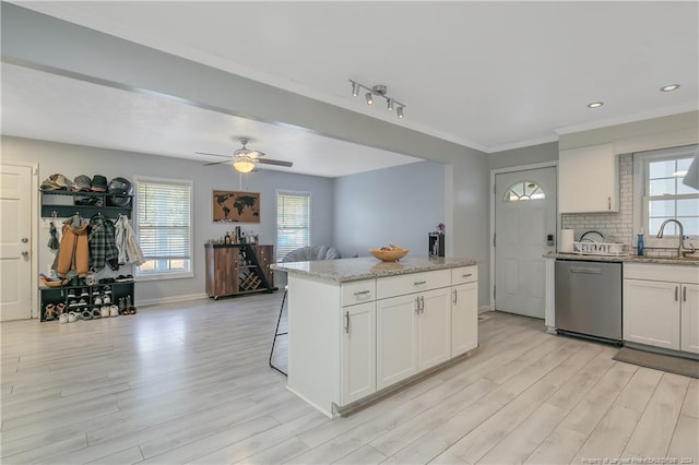 kitchen with white cabinetry, stainless steel dishwasher, and plenty of natural light