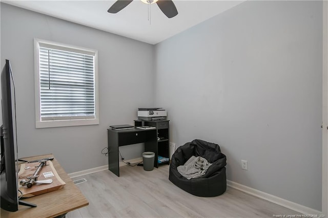 home office featuring ceiling fan and light wood-type flooring