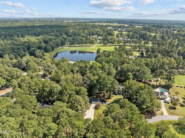 aerial view featuring a water view and a view of trees