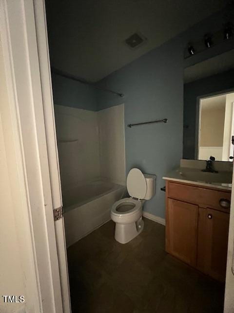 full bathroom with vanity, bathtub / shower combination, and toilet