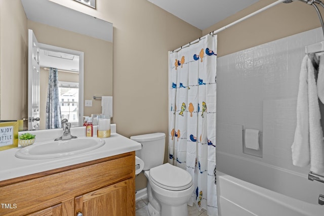 full bathroom with tile patterned flooring, vanity, toilet, and shower / bathtub combination with curtain