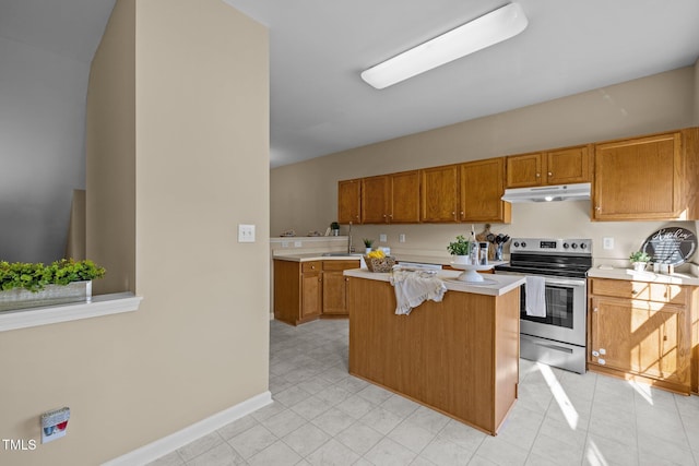 kitchen with a kitchen island and stainless steel electric range oven