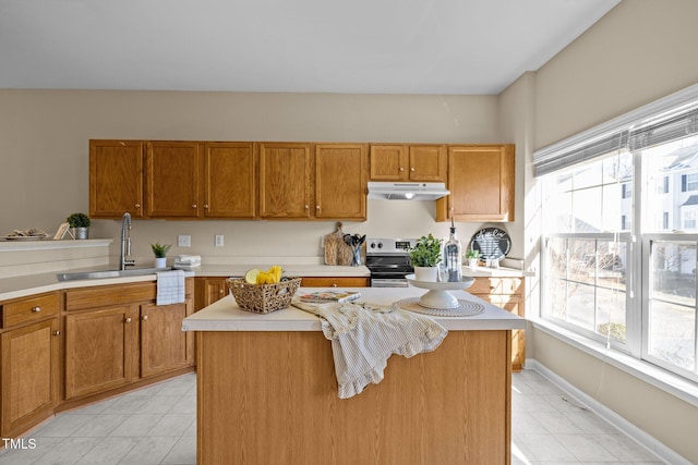 kitchen with a kitchen island, stainless steel electric stove, and sink