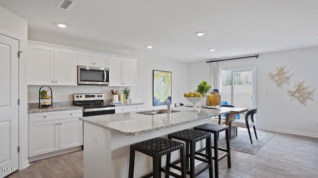 kitchen with sink, stainless steel appliances, a kitchen island with sink, a breakfast bar, and white cabinets