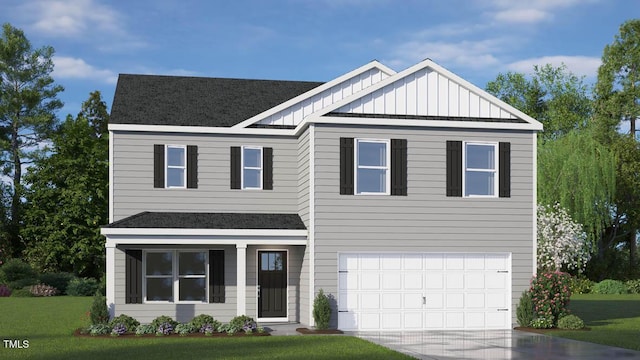 view of front of home featuring a garage and a front lawn