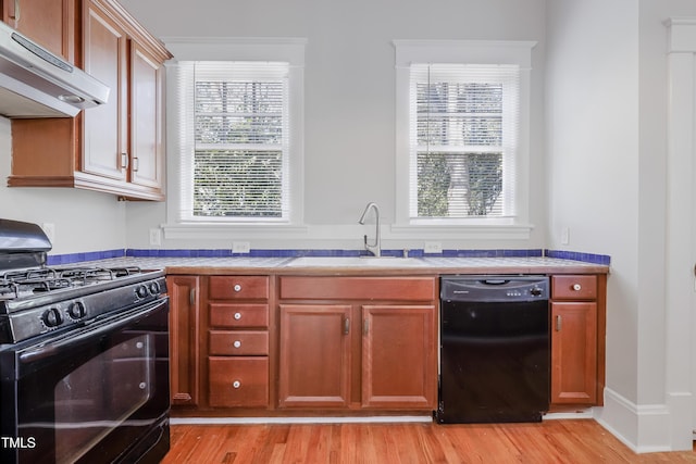 kitchen featuring light hardwood / wood-style floors, sink, and black appliances