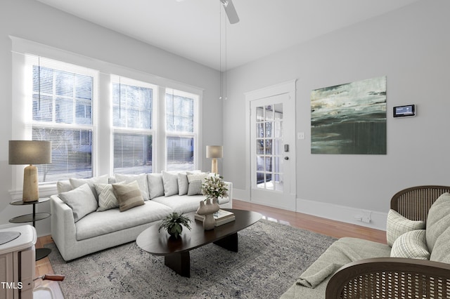 living room with hardwood / wood-style flooring and ceiling fan