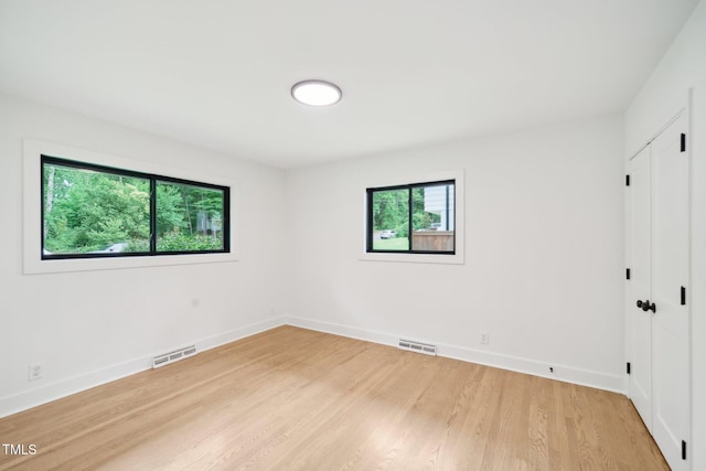 empty room with a wealth of natural light and light hardwood / wood-style floors