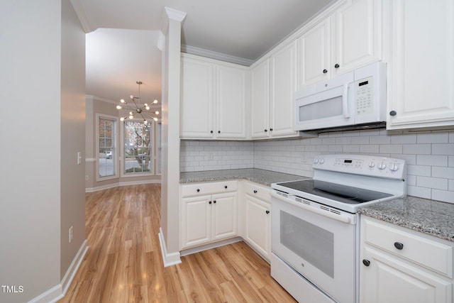 kitchen featuring backsplash, ornamental molding, white appliances, light hardwood / wood-style flooring, and white cabinetry