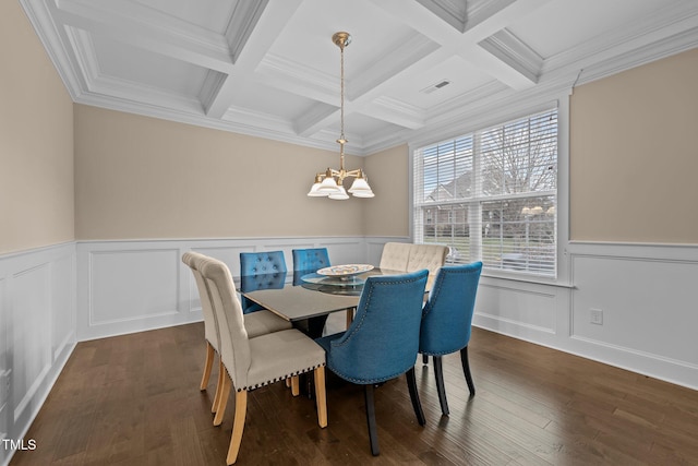 dining space with beamed ceiling, dark hardwood / wood-style flooring, and coffered ceiling