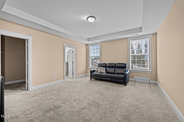 sitting room with light carpet and a tray ceiling