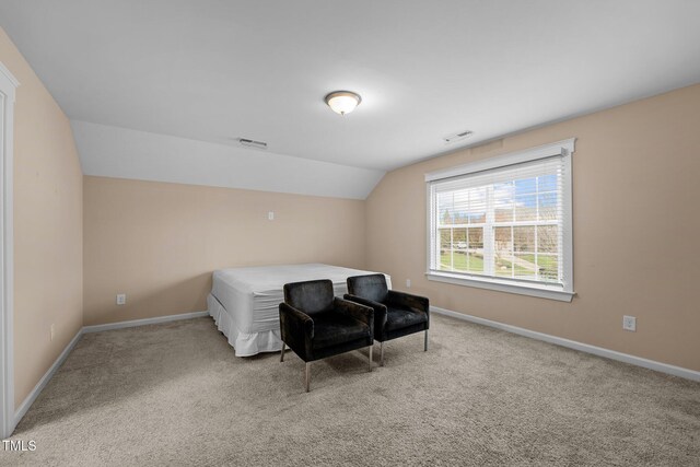 bedroom featuring lofted ceiling and light carpet