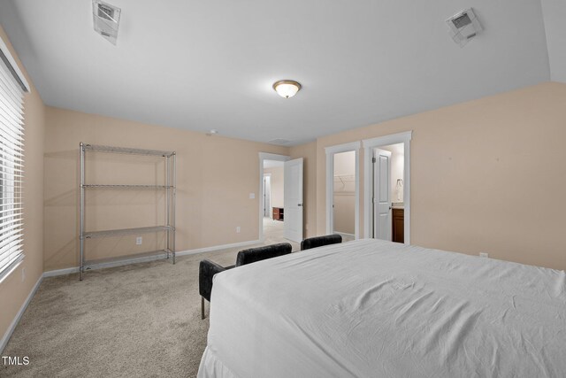 carpeted bedroom featuring connected bathroom, a spacious closet, and a closet