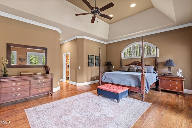 bedroom with ceiling fan, a walk in closet, wood-type flooring, and crown molding