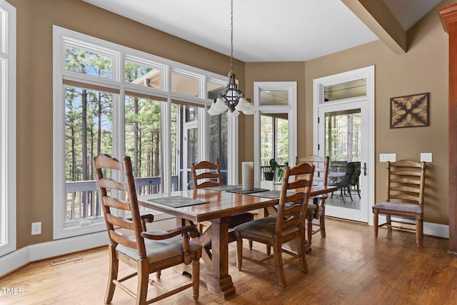 dining area featuring hardwood / wood-style floors, an inviting chandelier, and a wealth of natural light