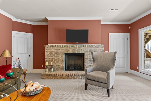 living room featuring crown molding, light carpet, and a brick fireplace